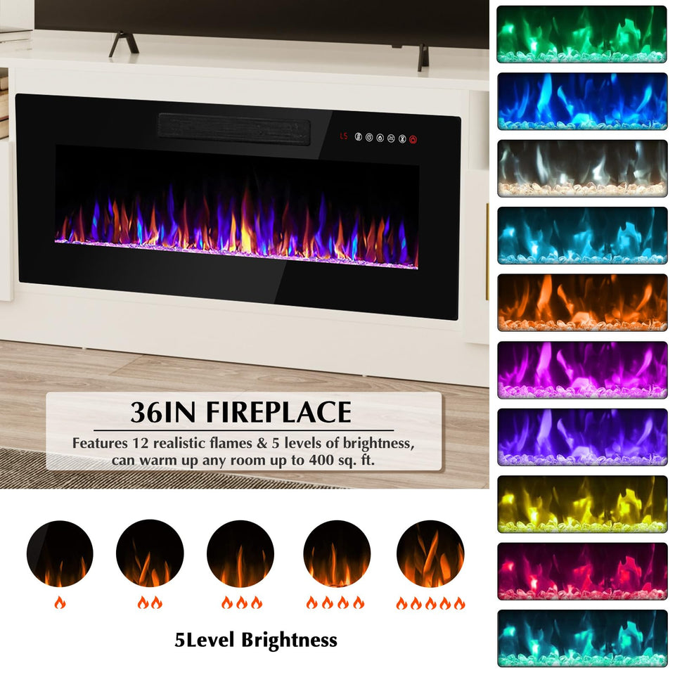 Lemberi Fireplace tv Stand with 36 inch Fireplace Up to 90" TVs, LED Light Entertainment Center and Storage, 80" Modern Wood Media TV Console with Highlight Cabinet for Living Room (White)