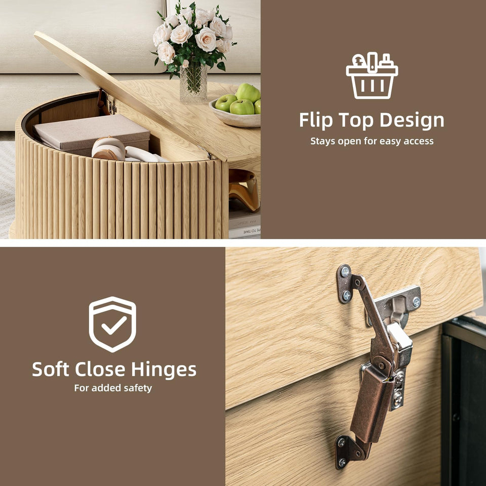 JOINICE, Round Coffee Table with Storage, Mid Century Modern Center Table with Sliding Cabinet Door, Fluted Dining Table for Living Room, Home Small Space, 31.5", Walnut