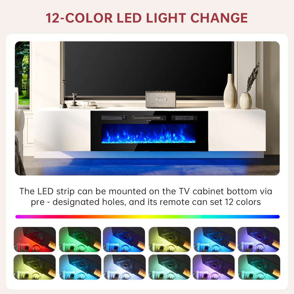 oneinmil 70" Floating TV Stand with 36" Electric Fireplace, Wall Mounted Fireplace Entertainment Center with Storage, Fire Place TV Console for Living Room, All Black