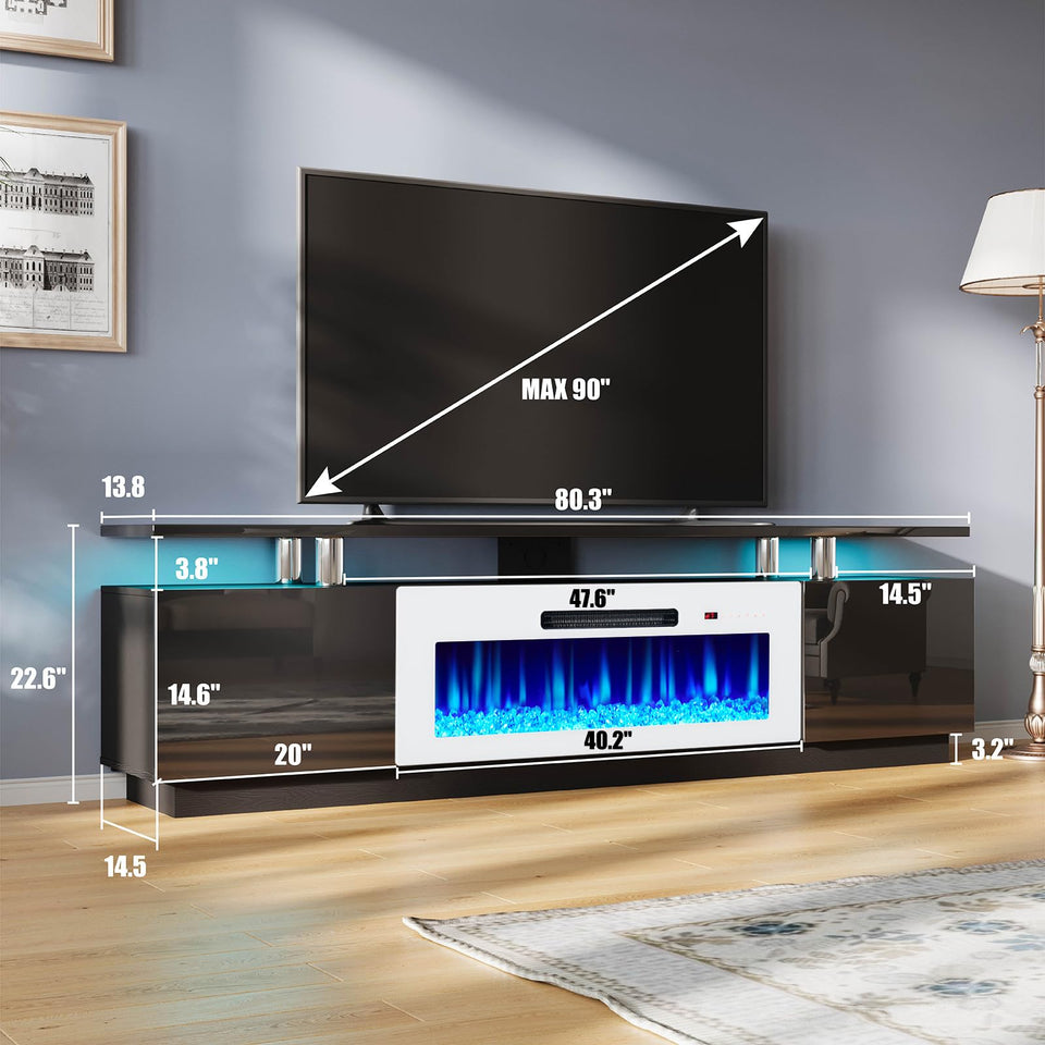 AMERLIFE Fireplace TV Stand with 36" Fireplace, 70" Modern High Gloss Fireplace Entertainment Center LED Lights, 2 Tier TV Console Cabinet for TVs Up to 80", Obsidian Black