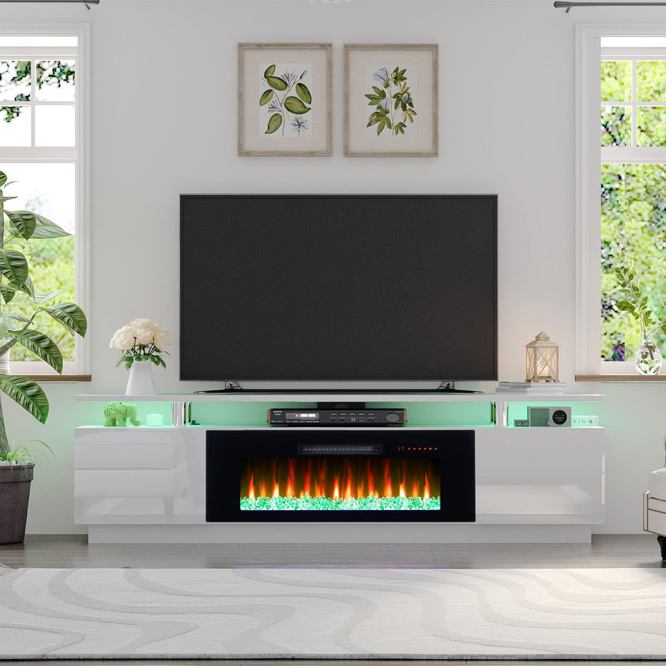 AMERLIFE Fireplace TV Stand with 36" Fireplace, 70" Modern High Gloss Fireplace Entertainment Center LED Lights, 2 Tier TV Console Cabinet for TVs Up to 80", Obsidian Black