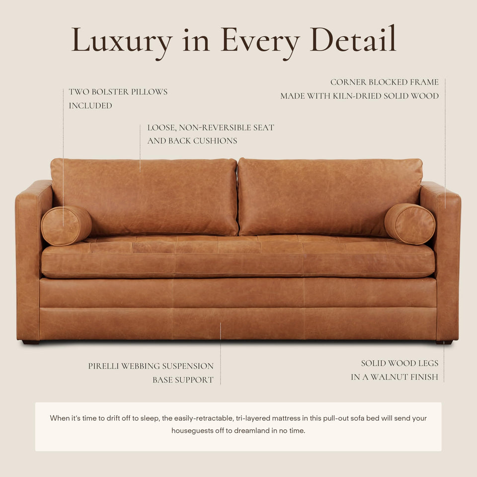 POLY & BARK Napa 72" Apartment Sofa – Italian-Tanned Full-Grain Pure-Aniline or Semi-Aniline Leather, Feather-Down Cushioning, Kiln-Dried Solid Wood Frame, Walnut Legs - Cognac Tan