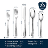 KINGSTONE Hammered Silverware Set, Flatware Set, 18/10 Stainless Steel Premium Cutlery with Unique Ripple Handles Design Mirror Polished - Dishwasher Safe (40-Piece)