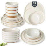 AmorArc Ceramic Dinnerware Sets for 8, 24 Pieces Handpainted Plates and Bowls Set with Rustic Terracotta Underside, Scratch Resistant Stoneware Dishes Set, Dishwasher & Microwave Safe, Light Beige