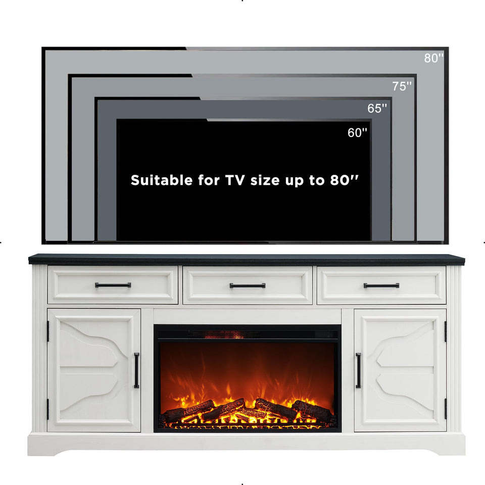 JXQTLINGMU Farmhouse Fireplace TV Stand for Up to 80 Inch TV, Entertainment Center with 30" Electric Fireplace for 65 75 Inch TV, 70" TV Stand with Storage Cabinet Drawer for Living Room (Off White)