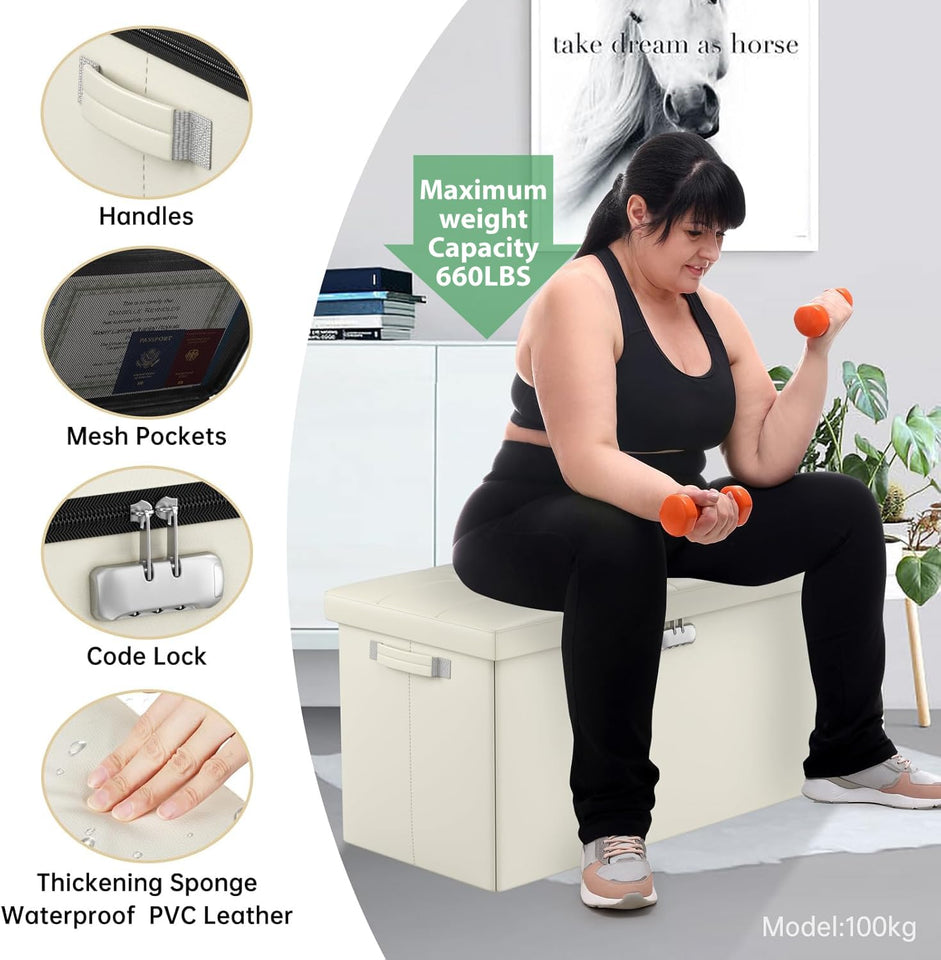 DocSafe Storage Ottoman with Lock,Fireproof Folding Ottoman Foot Rest Stool Storage Chest with Storage Safe for Important Documents,Waterproof 17 Inches Short Ottoman Foot Stool with Handles,Black