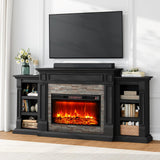 80" Fireplace TV Stand for TVs Up to 90 Inch, Electric Fireplace with Mantel, Farmhouse Entertainment Center with Storage, Realistic Stacked Stone Surround with Remote Control for Living Room