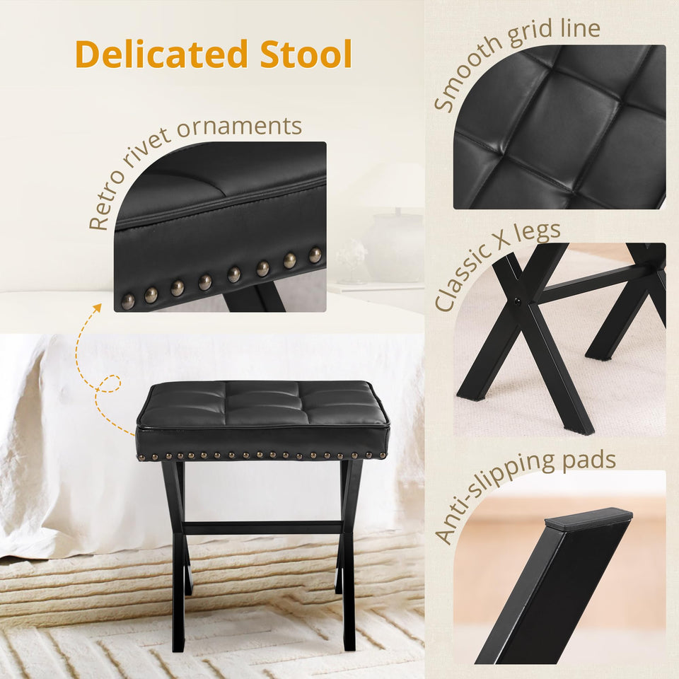 LUE BONA Square Linen Makeup Stool, Metal X Legs, Small Ottoman Stool Chair for Vanity, Modern Padded Seat Foot Rest for Makeup Room, Bathroom