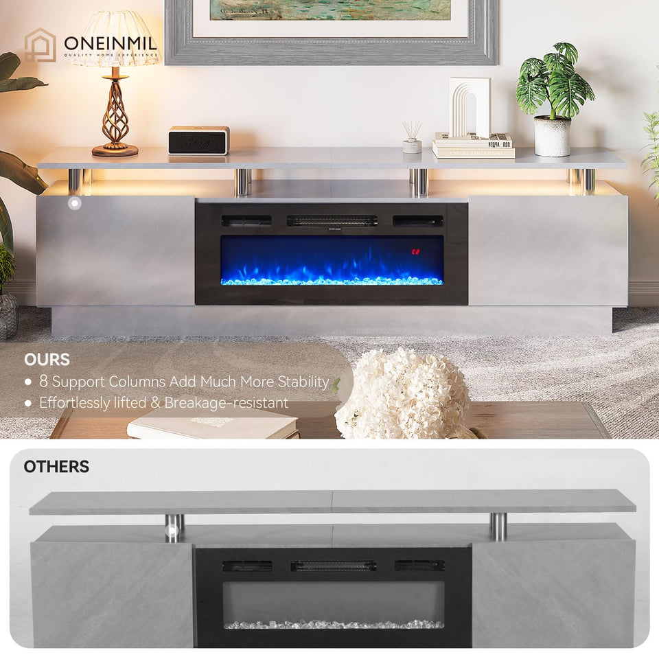 OneBlis 70" TV Stand for Living Room, Modern Entertainment Center & Media Console, Fits TVs up to 80", Storage Cabinet with Shelves, 36" Electric Fireplace with LED Flame (All Black)