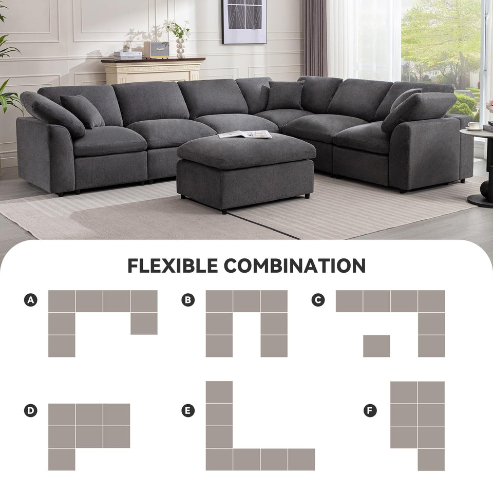 Siiejia Modular Sectional Sofa Modern Oversized Cloud Couch with Movable Ottoman 7 Seater L-Shaped Sofas Comfy Couches for Living Room Spacious Space Office Lounge, Beige