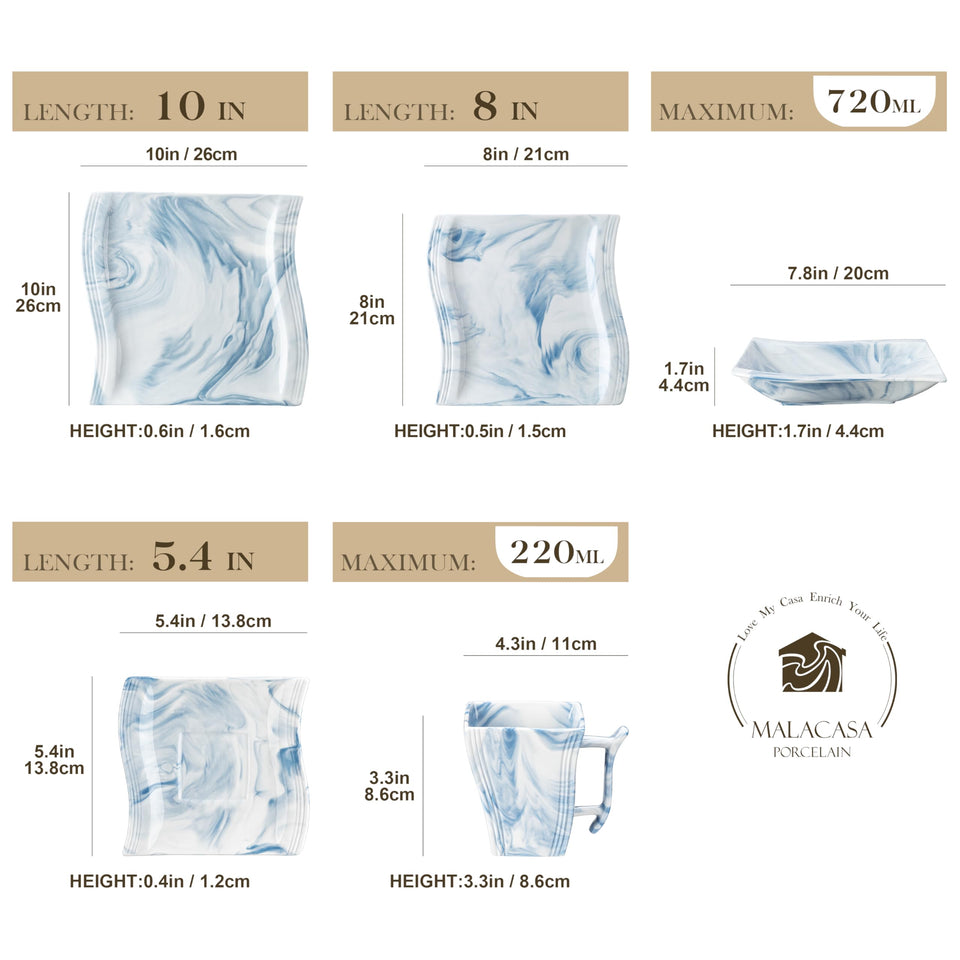 MALACASA Ivory White Dinnerware Sets, 30-Piece Porcelain Plates and Bowls Sets, Modern Dish Set for 6, Square Plates Dinnerware Set Kitchen Dishware Sets, Microwave and Dishwasher Safe, Series Flora