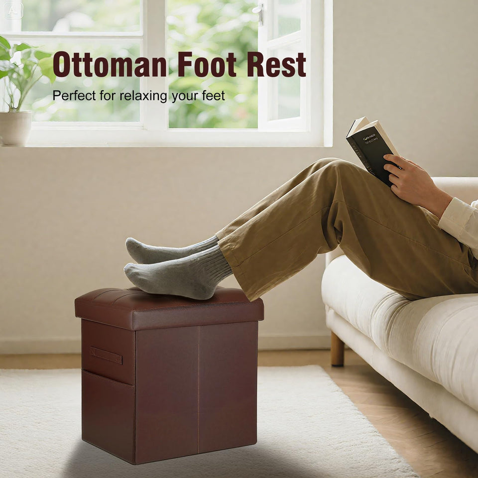 Storage Ottoman Foot Rest Stool, Foldable Leather Footstool Storage Bench with Thicker Foam Padded Seat. Foot Rest Under Desk for Living Room Bedroom 350 lbs, 17x13x13 in, Brown