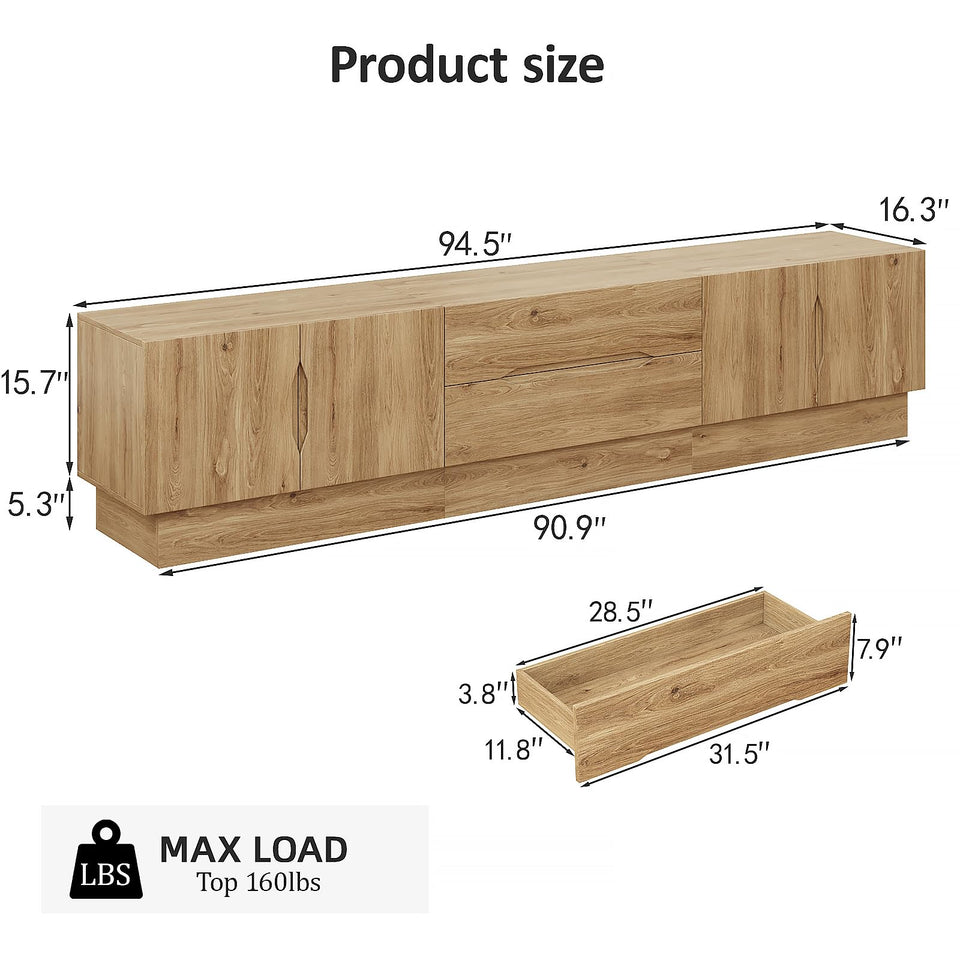 UKAOCAI 86.61'' Tambour TV Stand for 55-85 Inch, Modern Entertainment Center with Large Storage Cabinet & Open Shelves, TV Console with Sliding Doors for Living Room, Bedroom, Natural