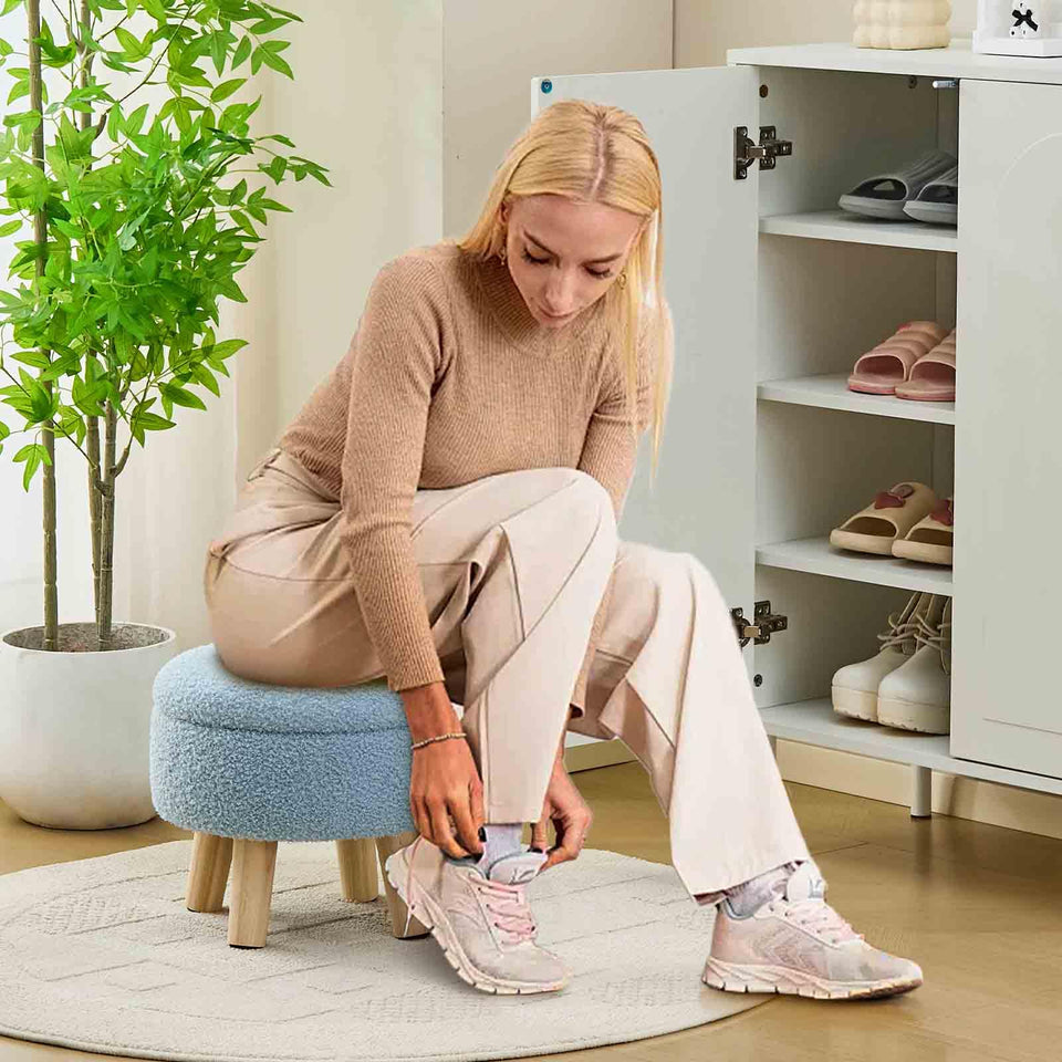 Wimarsbon Storage Ottoman, Modern Round Footrest with Soft Padded Seat, Teddy Velvet Footstool with Wood Legs, Accent Small Table or Plant Stand for Hallway, Living Room (Cream)