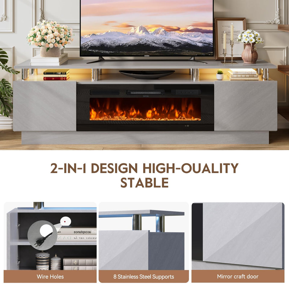 OneBlis 70" TV Stand for Living Room, Modern Entertainment Center & Media Console, Fits TVs up to 80", Storage Cabinet with Shelves, 36" Electric Fireplace with LED Flame (All Black)