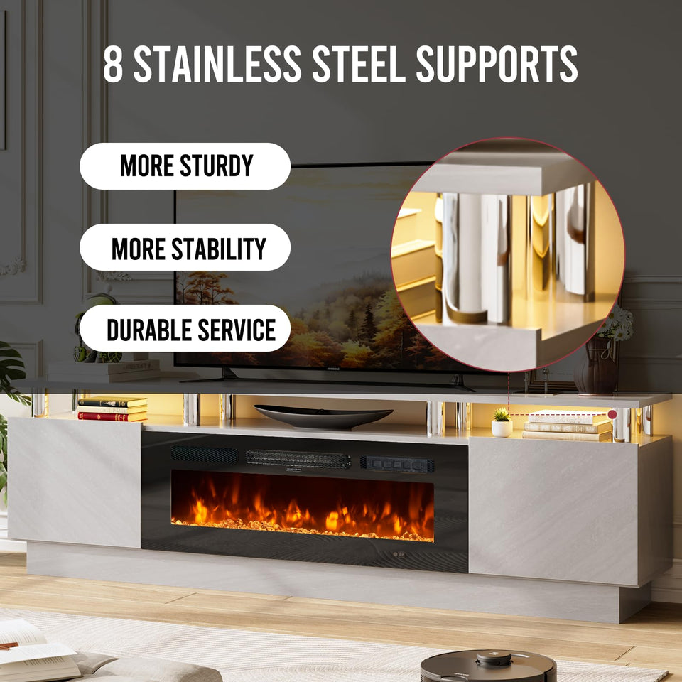 OneBlis 70" TV Stand for Living Room, Modern Entertainment Center & Media Console, Fits TVs up to 80", Storage Cabinet with Shelves, 36" Electric Fireplace with LED Flame (All Black)