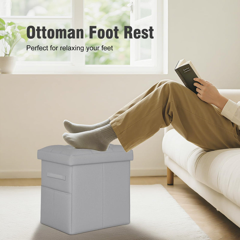 Storage Ottoman Foot Rest Stool, Foldable Leather Footstool Storage Bench with Thicker Foam Padded Seat. Foot Rest Under Desk for Living Room Bedroom 350 lbs, 17x13x13 in, Brown