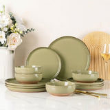 AmorArc Ceramic Dinnerware Sets for 8, 24 Pieces Handpainted Plates and Bowls Set with Rustic Terracotta Underside, Scratch Resistant Stoneware Dishes Set, Dishwasher & Microwave Safe, Light Beige