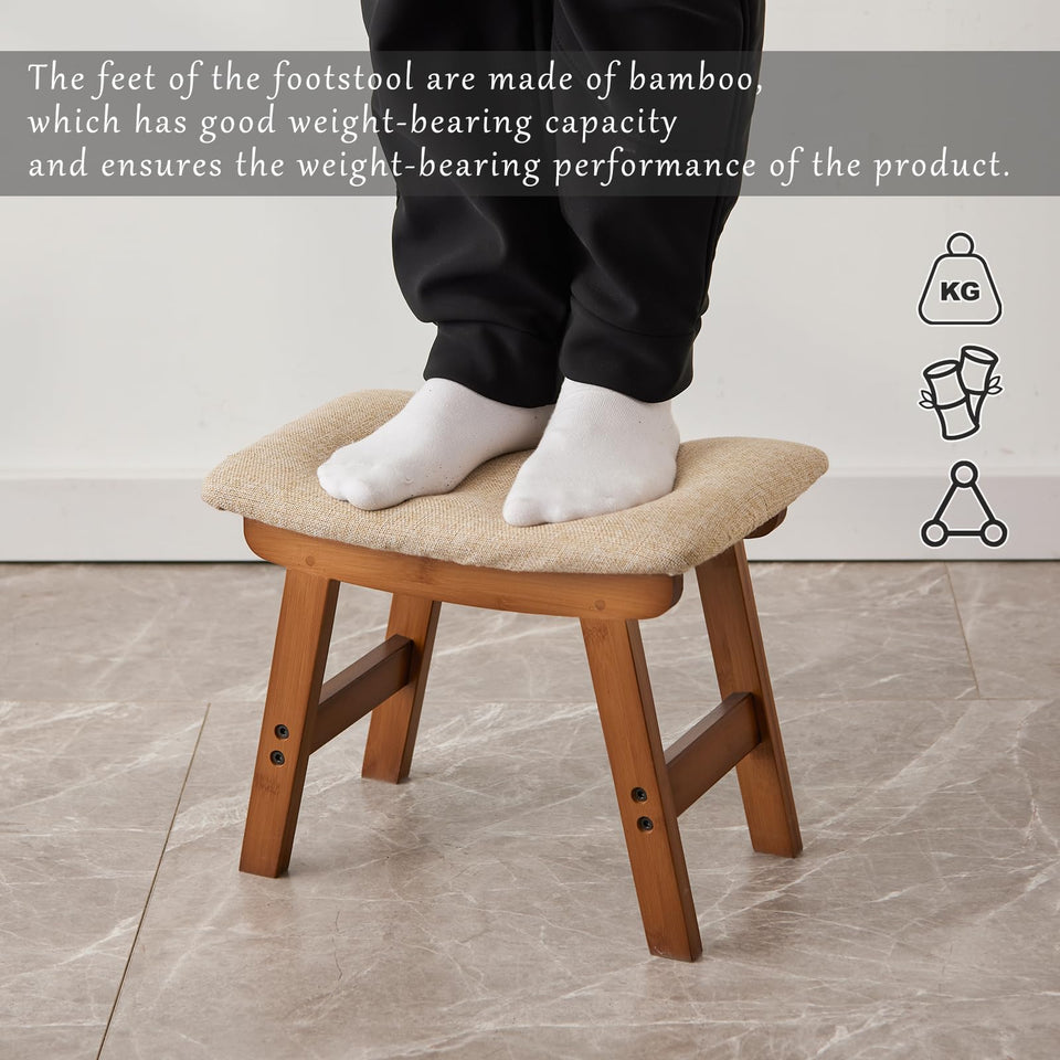 Foot Stool,Ottoman,Bamboo Small Sofa Foot Rest Under Desk,Extra Seating for Living Room, Bedroom and Kitchen(Brown Stool Legs - Beige Surface)