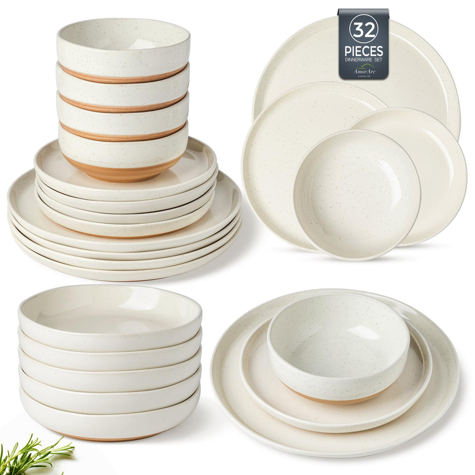 AmorArc Ceramic Dinnerware Sets for 8, 24 Pieces Handpainted Plates and Bowls Set with Rustic Terracotta Underside, Scratch Resistant Stoneware Dishes Set, Dishwasher & Microwave Safe, Light Beige