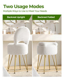 GREENSTELL Small Vanity Stool Chair with Storage and Folding Back, 13" x 13" x 17.7" Faux Fur Soft Ottoman for Teenager, 4 Metal Legs with Anti-Slip Feet, Furry Padded Seat for Makeup, Bedroom, White