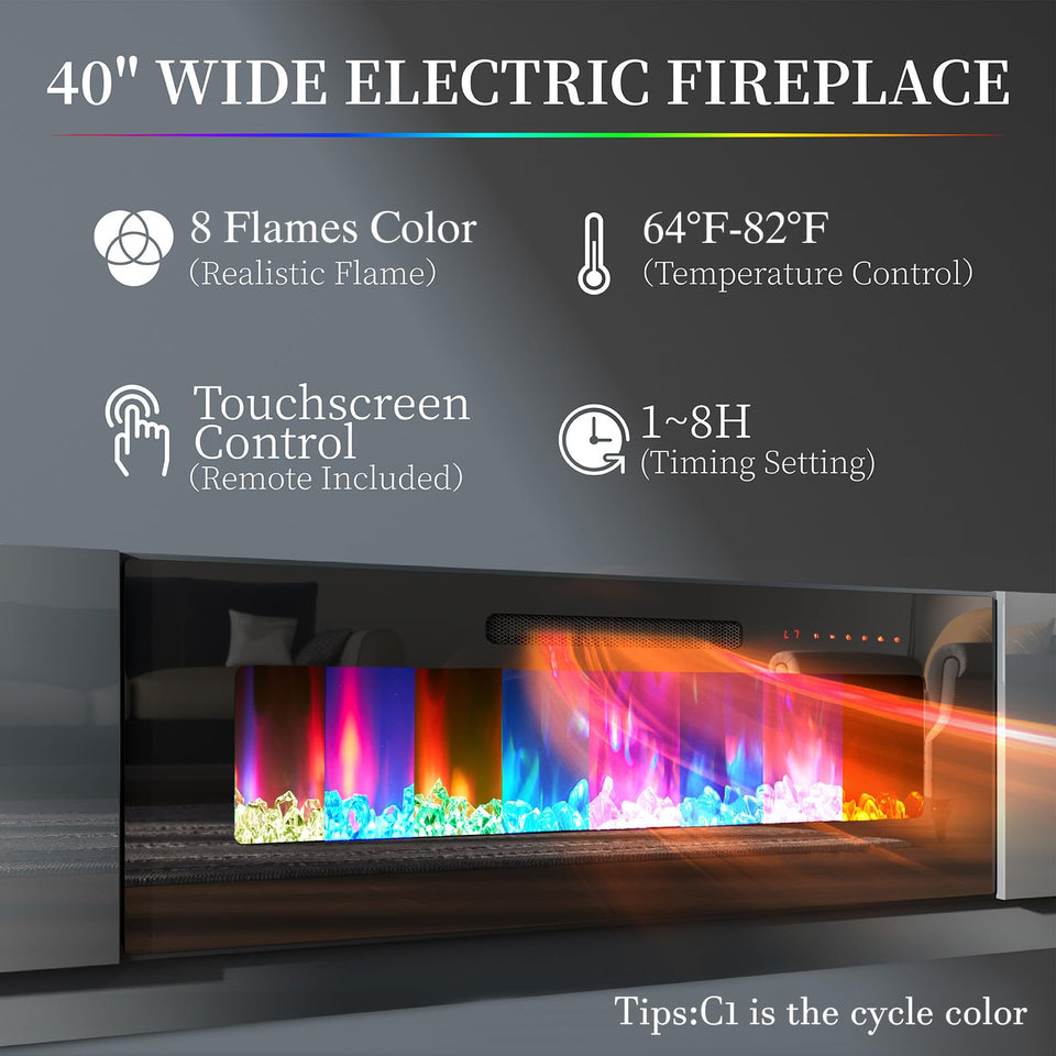 AMERLIFE Fireplace TV Stand with 36" Fireplace, 70" Modern High Gloss Fireplace Entertainment Center LED Lights, 2 Tier TV Console Cabinet for TVs Up to 80", Obsidian Black