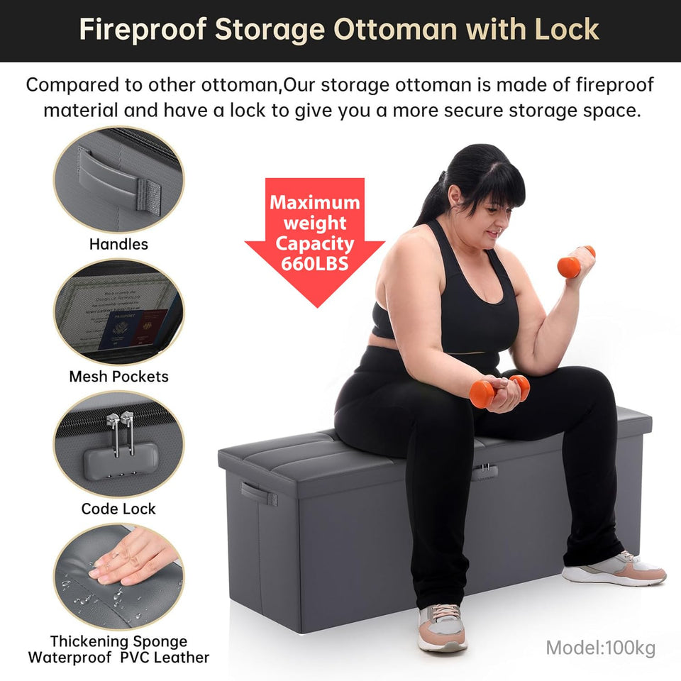 DocSafe Storage Ottoman with Lock,Fireproof Folding Ottoman Foot Rest Stool Storage Chest with Storage Safe for Important Documents,Waterproof 17 Inches Short Ottoman Foot Stool with Handles,Black