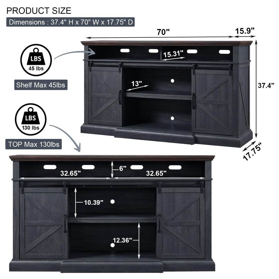 Farmhouse TV Stand for 80 Inch TVs, 37.4" Tall Entertainment Center w/Storage Cabinets and Sliding Barn Door, Media Console Cabinet w/Soundbar & Adjustable Shelves for Living Room, 70 inch (White)
