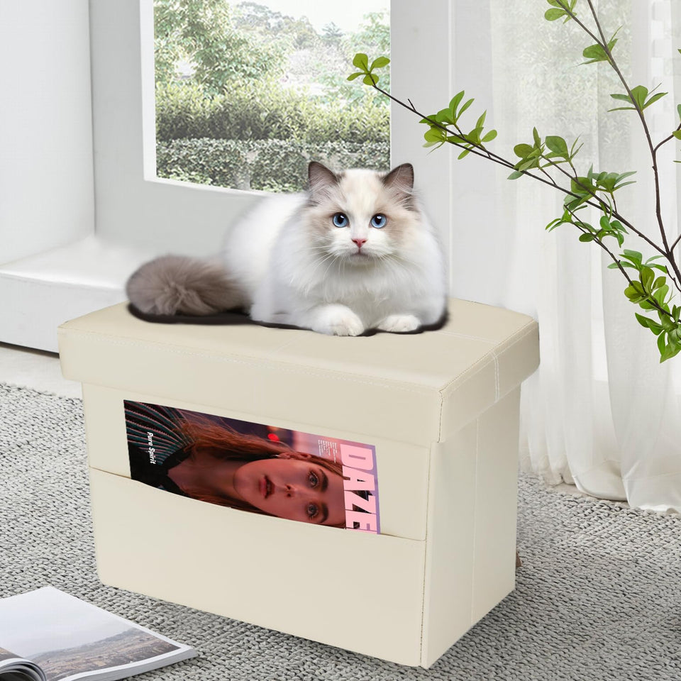 AmasSmile Storage Ottoman Folding Foot Rest Stool, Leather Footstool Bench, Short Ottoman Stool, Storage Foot Rest Store, Books (Black, 17" D x 13" W x 13" H)