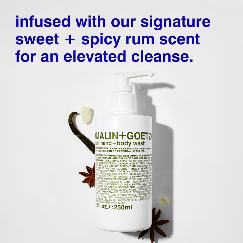 Malin + Goetz Rum Hand & Body Wash, 16 Fl. Oz. – Men & Women Natural Body Wash For All Skin Types, Foaming Hydrating Cleansing Gel, Cruelty-Free & Vegan