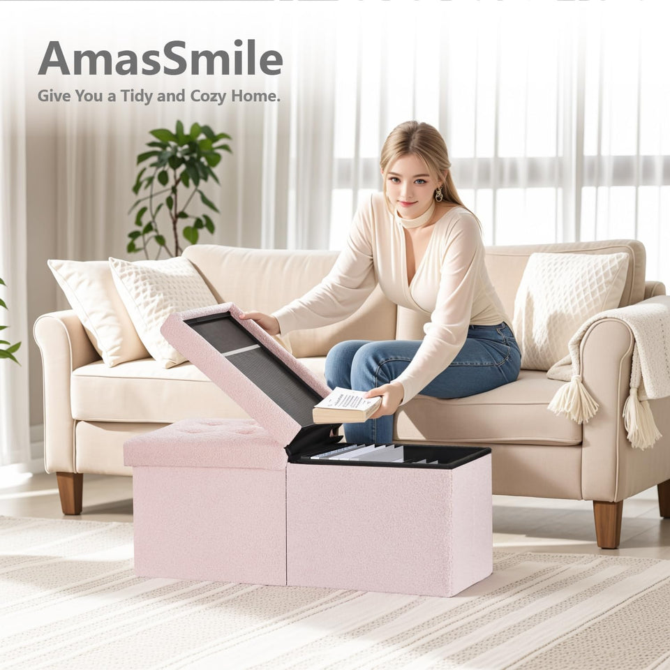 AmasSmile Footrest Ottoman Bench with Storage,34Inch Black Leather Footstool, Coffee Table, Padded Seat, Storage Chest,Blanket Store with Flipping Lid for Livingroom and Bedroom