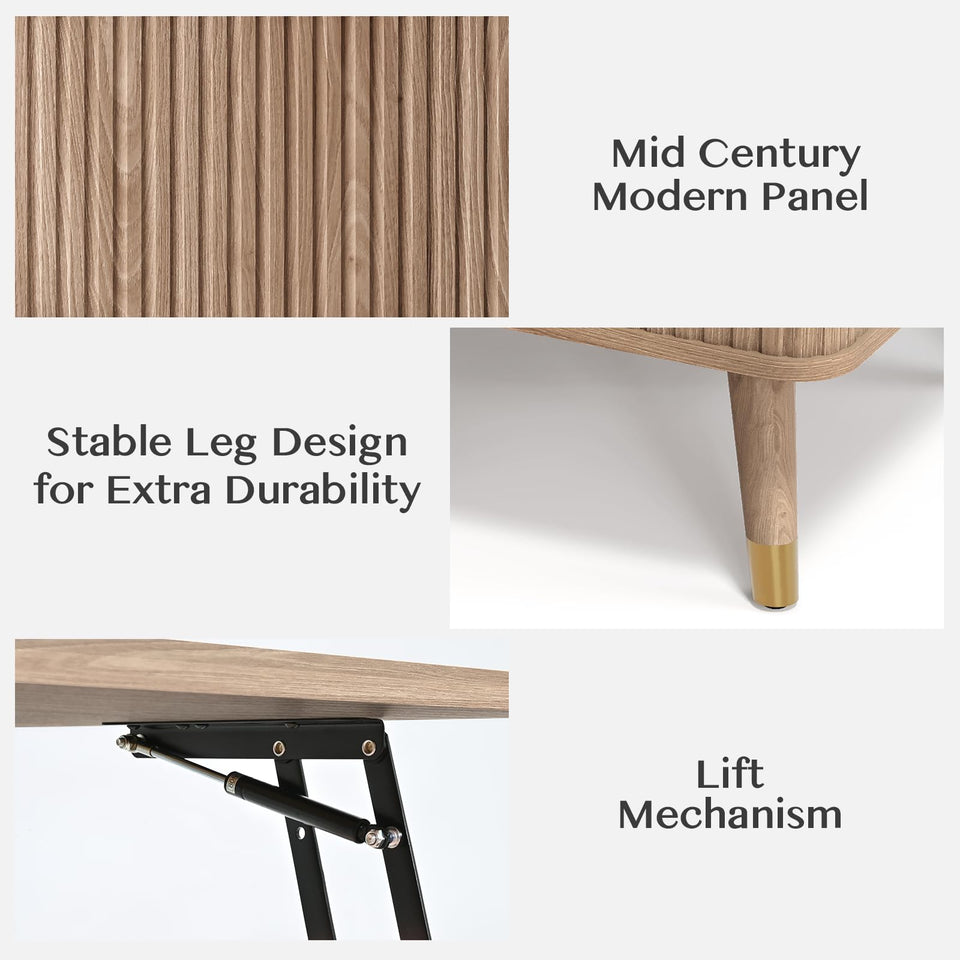 JOINICE, Round Coffee Table with Storage, Mid Century Modern Center Table with Sliding Cabinet Door, Fluted Dining Table for Living Room, Home Small Space, 31.5", Walnut