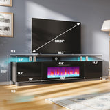 AMERLIFE Fireplace TV Stand with 36" Fireplace, 70" Modern High Gloss Fireplace Entertainment Center LED Lights, 2 Tier TV Console Cabinet for TVs Up to 80", Obsidian Black