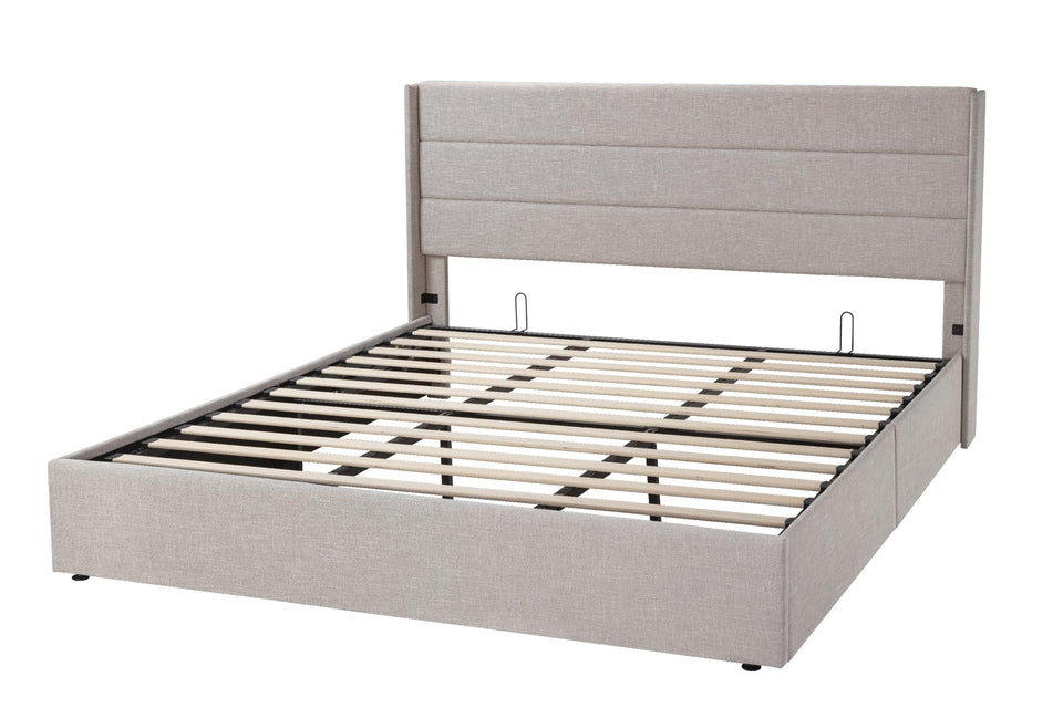 Allewie King Size Lift Up Storage Bed, Modern Wingback Headboard, Hydraulic Support, No Box Spring Needed, Light Beige