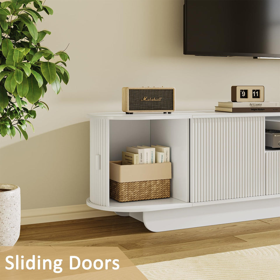 UKAOCAI 86.61'' Tambour TV Stand for 55-85 Inch, Modern Entertainment Center with Large Storage Cabinet & Open Shelves, TV Console with Sliding Doors for Living Room, Bedroom, Natural