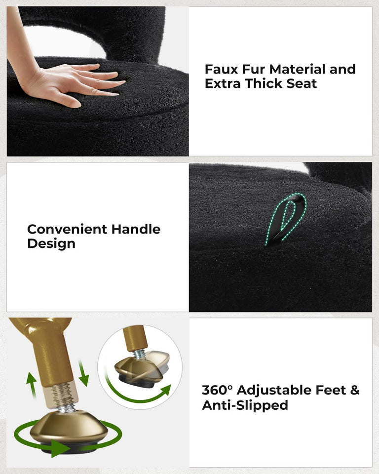 GREENSTELL Small Vanity Stool Chair with Storage and Folding Back, 13" x 13" x 17.7" Faux Fur Soft Ottoman for Teenager, 4 Metal Legs with Anti-Slip Feet, Furry Padded Seat for Makeup, Bedroom, White