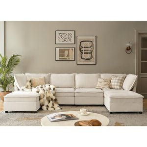 HULALA HOME 127'' Modular Sectional Sofa, Oversized U Shaped Couch with Storage Ottoman, Comfy Chenille Sofa with Deep Seat, 6 Seat Convertible Couches for Living Room, Beige