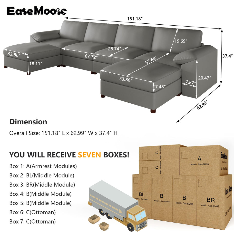 EASE MOOSE Leather Sectional Couch, Oversized Modular Sectional Sofas, Wide Deep Seat Modular Couch, Scratch Resistant Faux Leather Material, L Shaped Sofa for Big Spaces,Beige