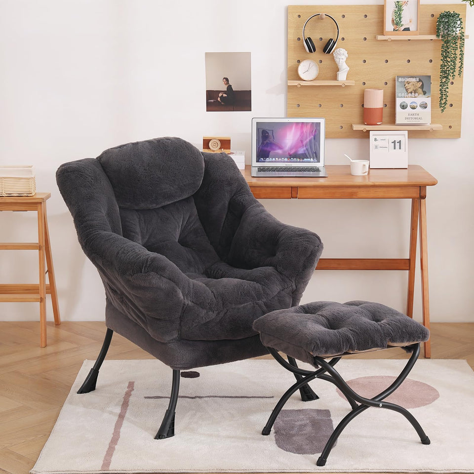 Welnow Lazy Chair with Ottoman, Modern Lounge Accent Chair with Armrests and a Side Pocket, Leisure Sofa Armchair, Reading Armchair with Footrest for Small Space, Dark Grey