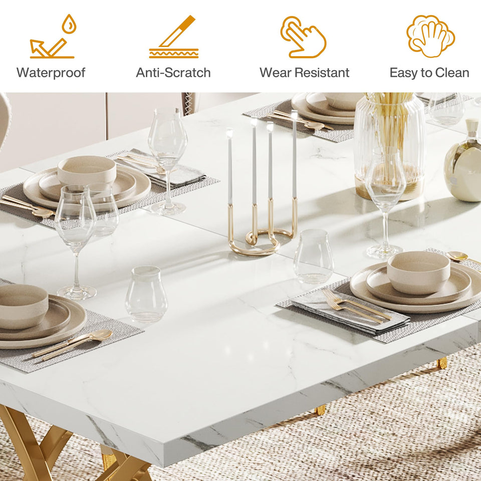 Tribesigns Modern Dining Table, 63" Large Kitchen Table for 4-6 People, Unique Rectangular Dinner Table Kitchen & Dining Room Furniture with Faux Marble Tabletop and Geometric Legs