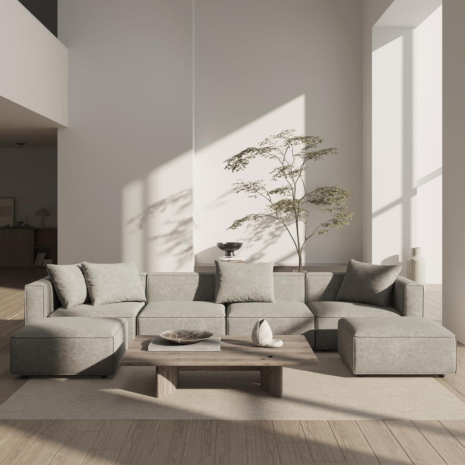 Acanva Luxury Modular Sectional Living Room Sofa Set, Modern Minimalist Style Couch with Ottoman and Chaise, L-Shape, Linen-Like Cream