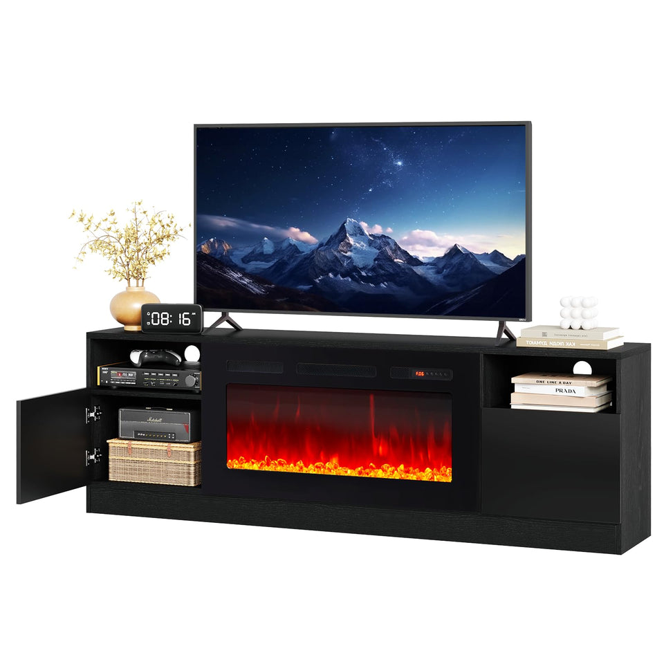 OneBlis 80" Fireplace TV Stand, LED Light Entertainment Center for TVs Up to 90", High-Gloss Door, Modern TV Console for Living Room with Storage Cabinet, Black+Black