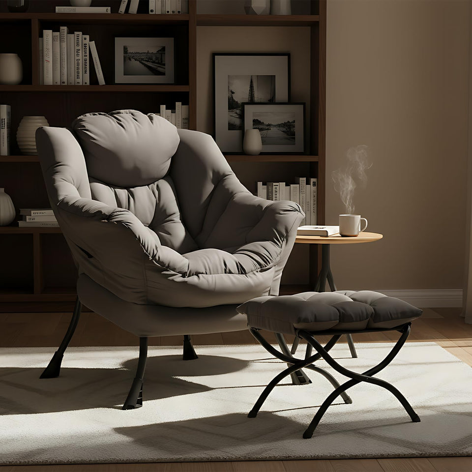 Welnow Lazy Chair with Ottoman, Modern Lounge Accent Chair with Armrests and a Side Pocket, Leisure Sofa Armchair, Reading Armchair with Footrest for Small Space, Dark Grey