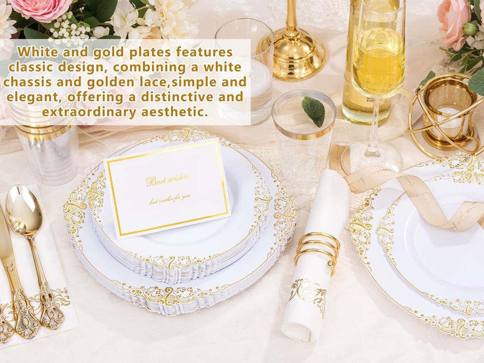 YOUBET 700PCS Silver Plastic Plates - White and Silver Disposable Plates - Silvery Plastic Dinnerware Set - Include 200 Plates, 300 Heavy Duty Silverware, 100 Cups and 100 Napkins for Wedding & Party