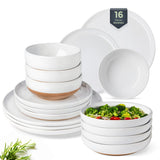 AmorArc Ceramic Dinnerware Sets for 8, 24 Pieces Handpainted Plates and Bowls Set with Rustic Terracotta Underside, Scratch Resistant Stoneware Dishes Set, Dishwasher & Microwave Safe, Light Beige