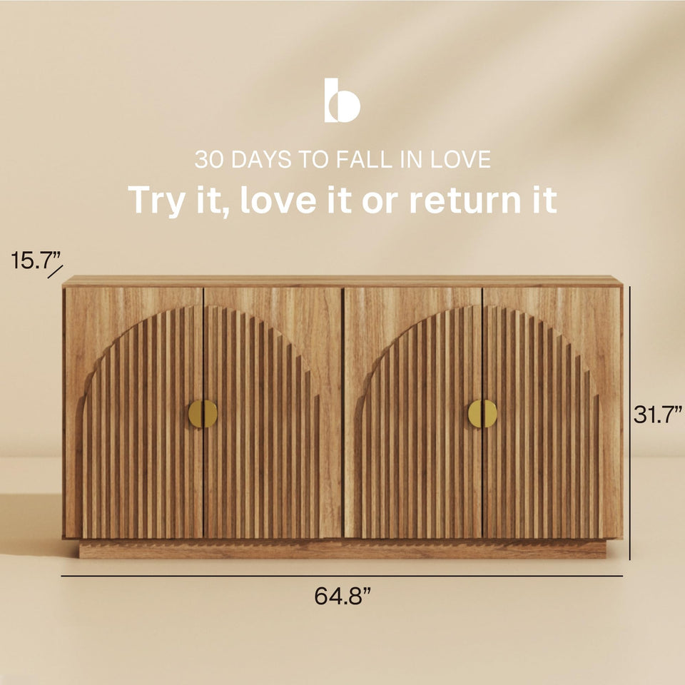 BELLEZE 65 Inch Fluted Buffet Cabinet with Storage, Symmetrical Arc Accent Sideboard Large Console Table for Dining Room, Kitchen, and Living Room (Caramel Brown)