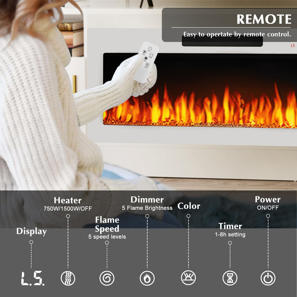 Lemberi Fireplace tv Stand with 36 inch Fireplace Up to 90" TVs, LED Light Entertainment Center and Storage, 80" Modern Wood Media TV Console with Highlight Cabinet for Living Room (White)