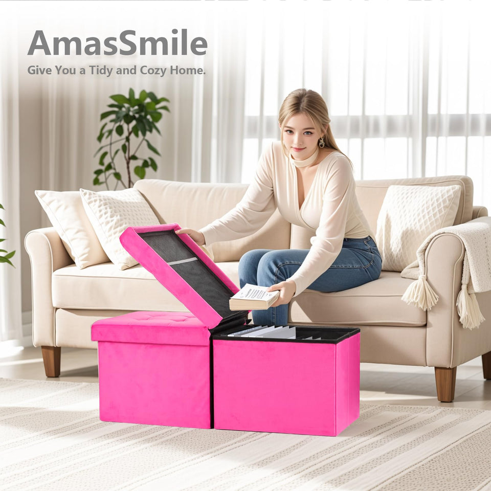 AmasSmile Footrest Ottoman Bench with Storage,34Inch Black Leather Footstool, Coffee Table, Padded Seat, Storage Chest,Blanket Store with Flipping Lid for Livingroom and Bedroom