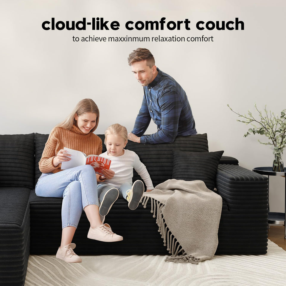 135.4" Cloud Modular Sectional Couch with 1 Ottoman,Modern Minimalist Upholstered Couches, Comfort U Shaped Sofa for Living Room,Deep Seat Corner Couch，No Assembly Required (Black,Left Facing Chaise)