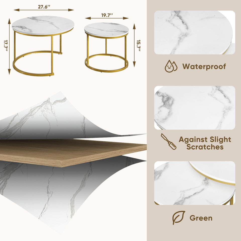 Smuxee Nesting Coffee Table Set of 2, 23.6" Round Coffee Table Wood Grain Top with Adjustable Non-Slip Feet, Industrial End Table Side Tables for Living Room Bedroom Balcony Yard